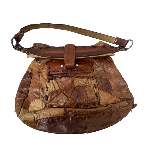 Vintage Patchwork Leather Purse Bag O Ring Shoulder Brown Boho Hippie Tan - Picture 2 of 11